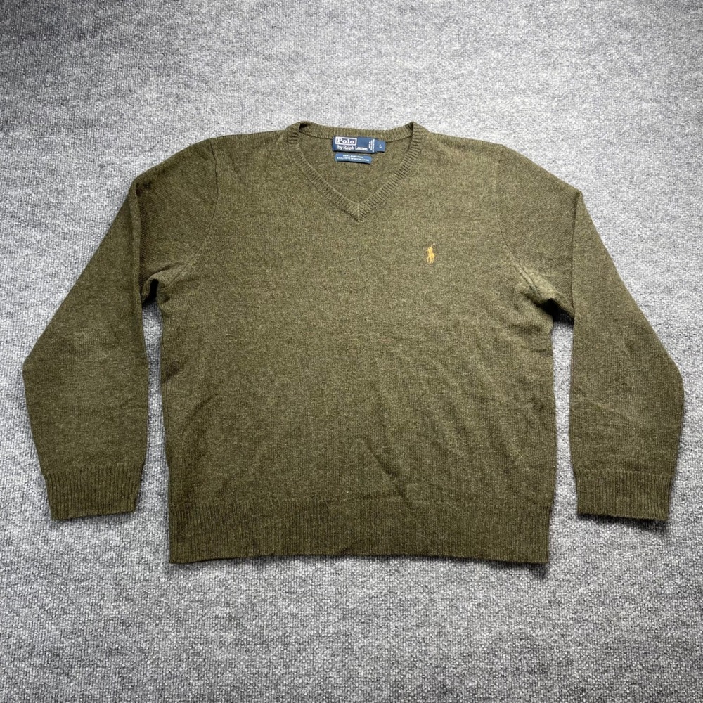 Polo Ralph Lauren Mens V-Neck Sweater Large Green 100% Lambswool Italian Yarn